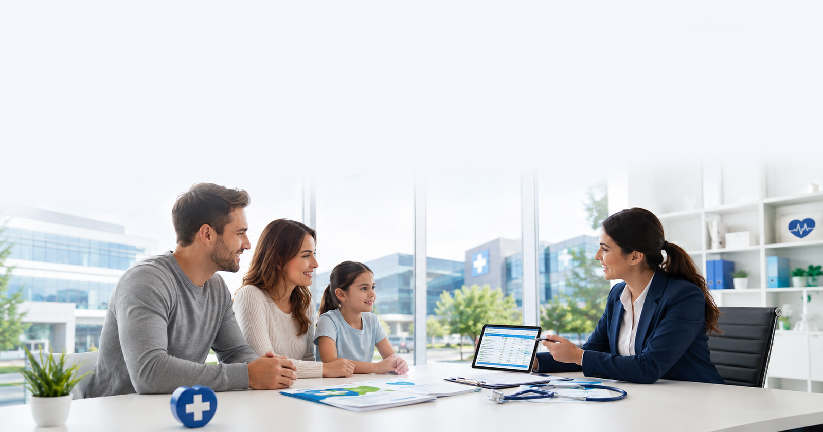 Best Health Insurance in USA – happy American family meeting with a professional health insurance advisor in a modern office, reviewing a health insurance plan on a tablet with healthcare documents and medical symbols.