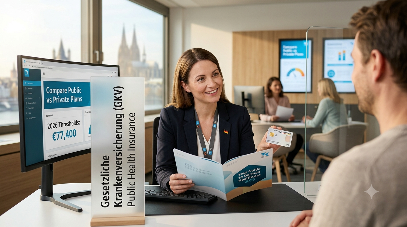 An insurance advisor in a bright German office presents a comparison guide and a public health insurance card to a client, with a monitor showing the 2026 threshold of €77,400. This visual highlights the best health insurance in Germany.