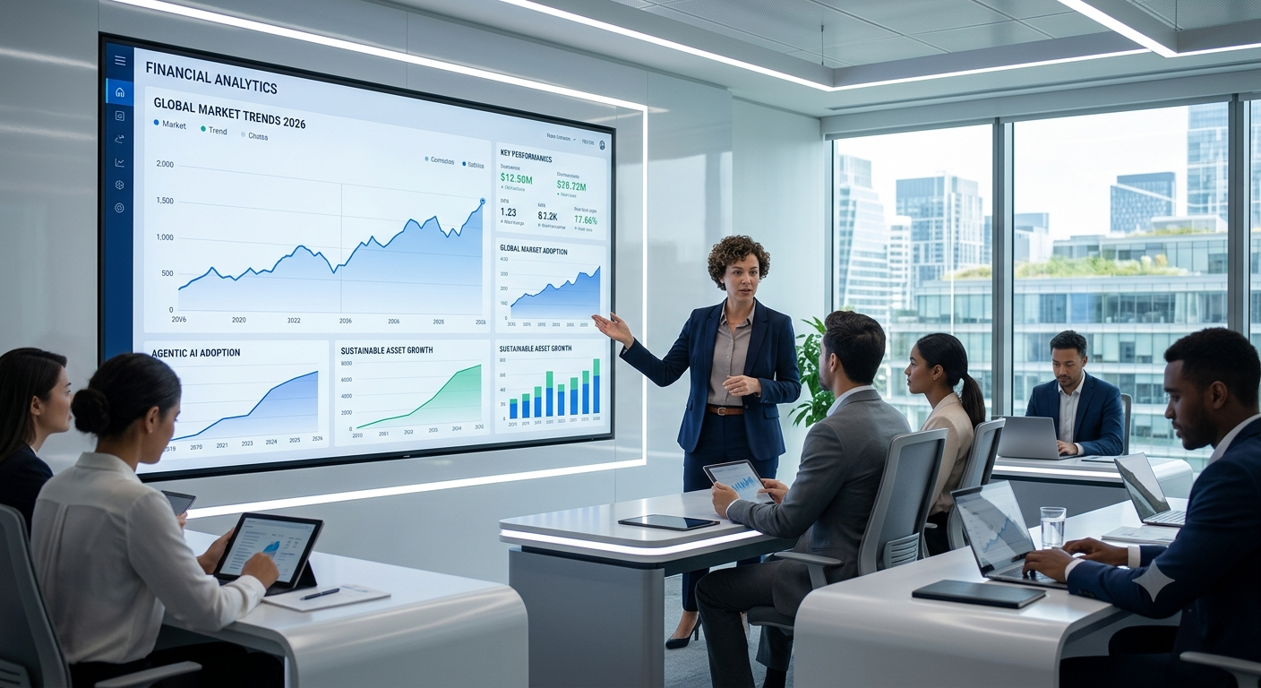 Finance and Business Trends dashboard displaying real-time corporate growth analytics and market performance metrics